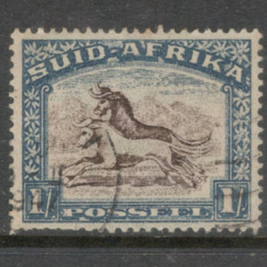 South Africa 1930 - 1945 1/- 1 Shilling Dark Blue Brown Local Motives Country name in Africans SUID-AFRIKA Stamp - Perf: 14.0