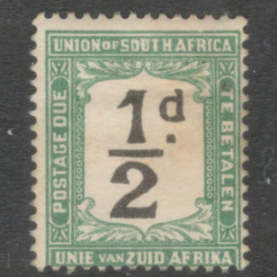 South Africa 1922 - 1926 1/2d Green / Black Numeral Stamps - Inscription "TE BETALEN" & Country Name in English and Afrikaans Stamp - Perf: 14.0