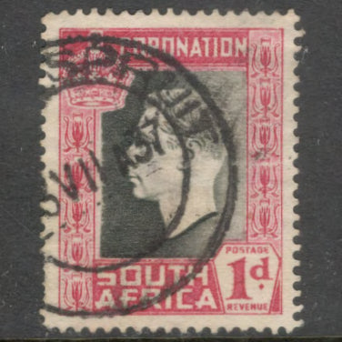 South Africa 1937 1d Coronation of King George VI Carmine / Black Country name in English SOUTH AFRICA Stamp - Perf: 14.0