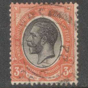 South Africa 1913 - 1922 3d Orange / Black King George V Stamp - Perf: 14.0