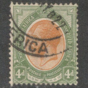 South Africa 1913 - 1922 4d Olive / Orange King George V Stamp - Perf: 14.0