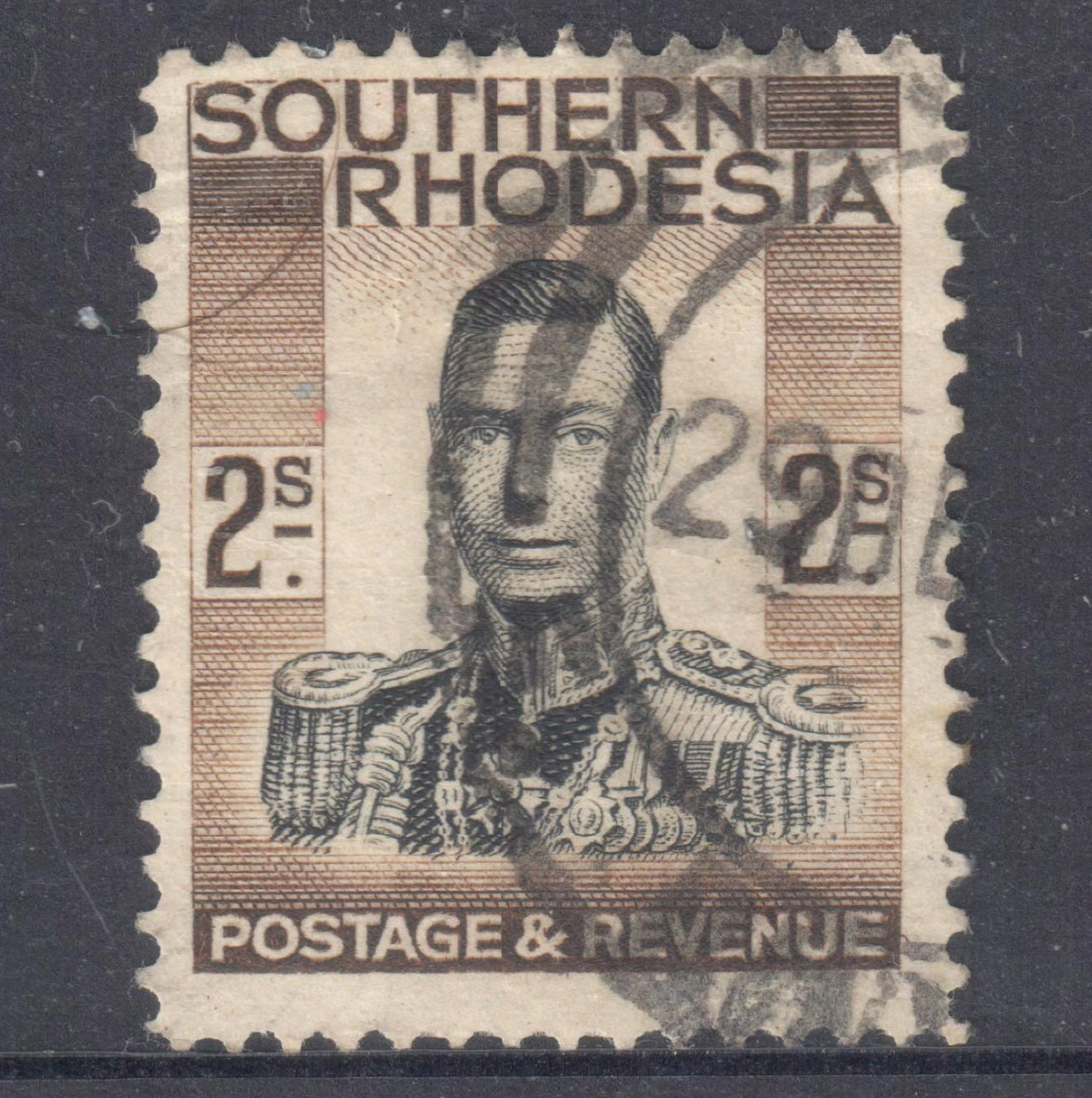 Southern Rhodesia 1937 2 Shilling Blueish Green / Black 1937 King George VI Stamp - Perfin:14