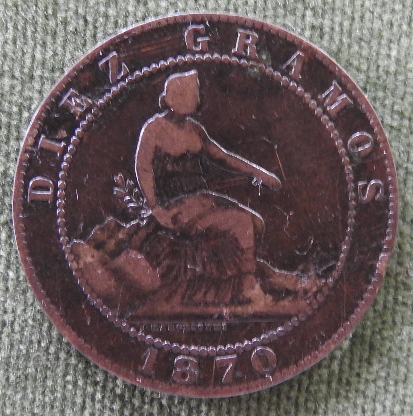 Spanish 1870 10 Centimos Coin Provisional Government - Diez Gramos