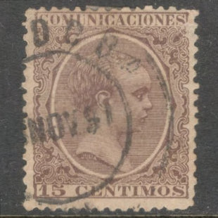 Spain 1889 15 Centimos Violet Brown King Alfonso XII Stamp - Perfin: 14.0