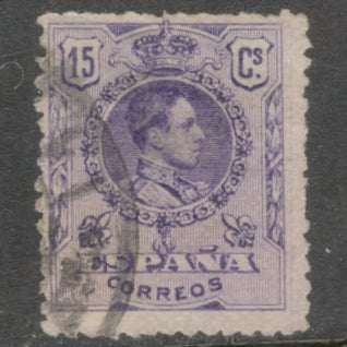Spain 1909 - 1917 15 Centimos Violet King Alfonso XIII - Blue Control Numbers on Backside Stamp - Perfin: 13.5x12.0
