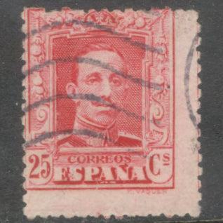 Spain 1922 - 1930 25 Centimos Carmine King Alfonso XIII Stamp - Perfin: 13.25x14.0