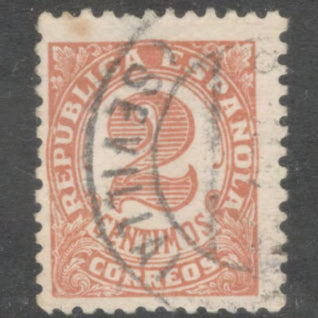 Spain 1933 - 1936 2 Centimos Brown Definitive Issue Inscription: "REPUBLICA ESPAÑOLA" Stamp - Perfin: 11.5x11.0