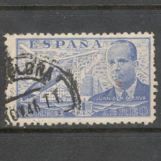 Spain 1939 1 Peseta Blue Airmail 4th Anniversary of the Death of Juan de la Cierva 1895-1935 Stamp - Perfin: 10.75