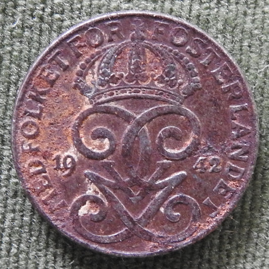 Sweden Osterland 1942 2 Ore Coin King Gustaf V