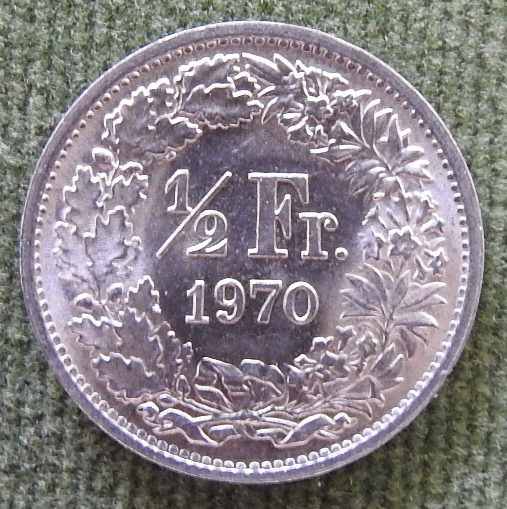 Helvetica Switzerland Swiss 1970 1/2 Franc Coin