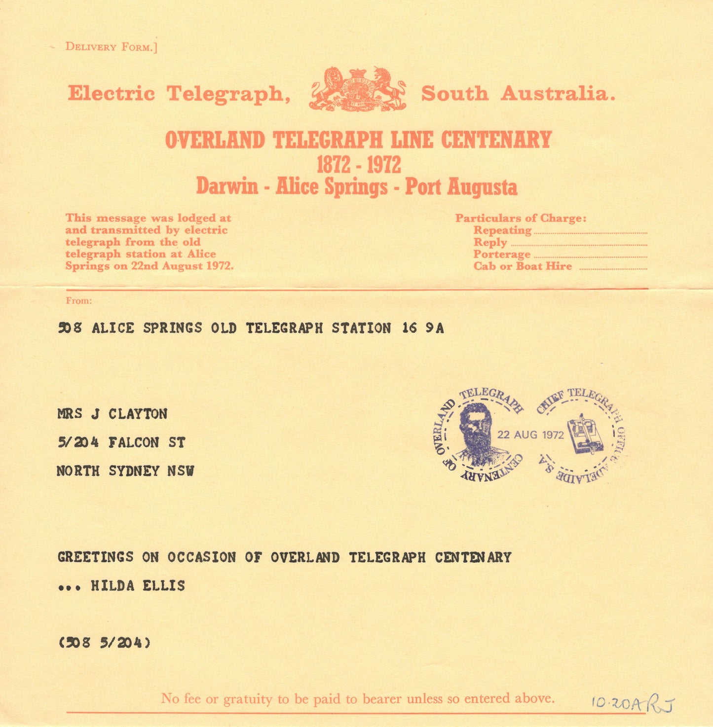 Australia 1972 Commemorative Overland Telegraph Line Centennial Telegram