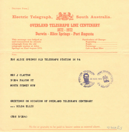 Australia 1972 Commemorative Overland Telegraph Line Centennial Telegram