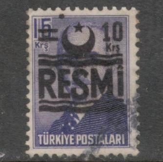 Turkey 1953 15 Kurus Dark Violet Overprinted "RESMI" in Blackish Brown Stamp - Perf: 12.5