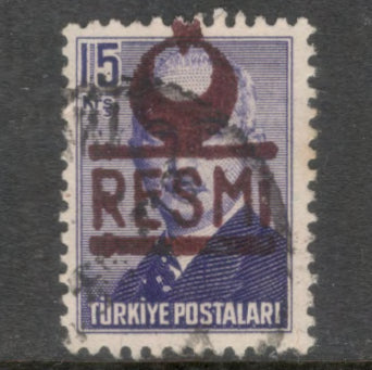 Turkey 1955 15 Kurus Dark Violet Overprinted "RESMI" Crescent Touching Top Bar Stamp - Perf: 12.5
