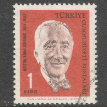 Turkey 1964 1 Kurus Orange Red / Black Cultural Celebrities H. R. Gurpinar Romanticist 100th Birth Anniversary Stamp - Perf: 13.25