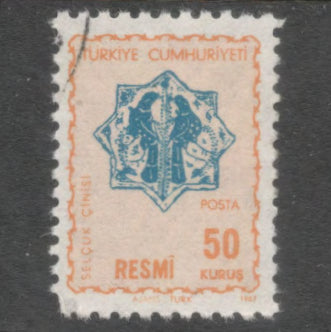 Turkey 1967 50 Kurus Dull Orange / Blue Official Stamp - Perfin: 11.5x12.25