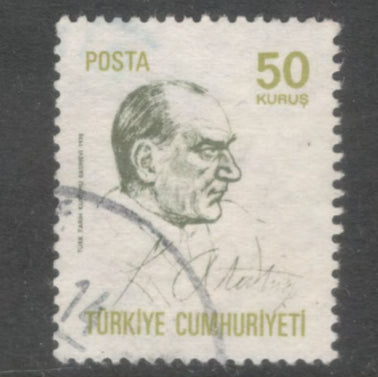 Turkey 1970 50 Kurus Yellowish Olive / Blackish Olive Ataturk Stamp - Perf: 13.0