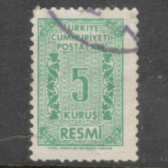 Turkey 1962 5 Kurus Bluish Green Official Numeral Stamps - Perfin: 13.0