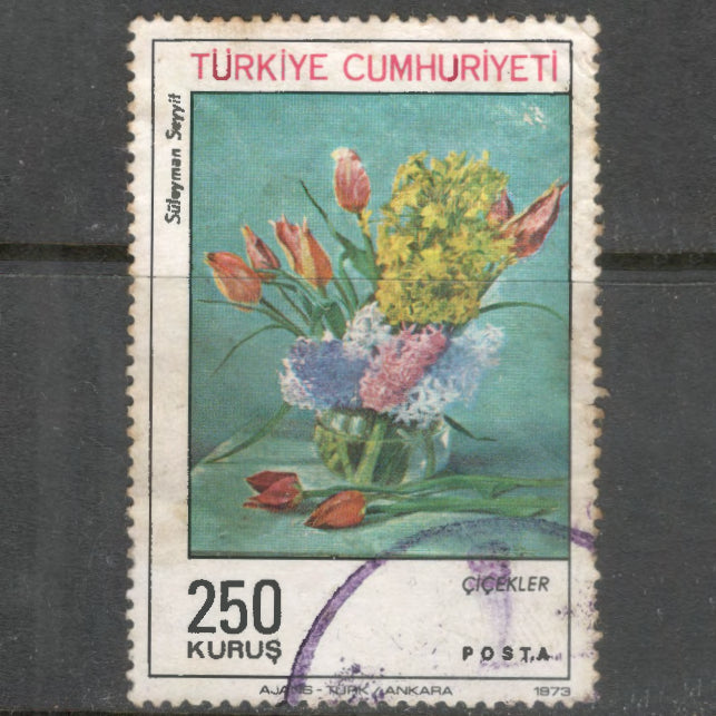 Turkey 1973 250 Kurus Multicoloured Turkish Paintings Stamp - Perfin: 13.5x13.0