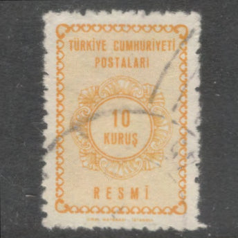 Turkey 1964 10 Kurus Yellow Official Numeral Stamp - Perfin: 12.5x13.0