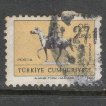 Turkey 1972 25 Kurus Blackish Brown / Brown Equestrian Statue of Ataturk at Ankarad Stamp - Perfin: 12.25x11.5