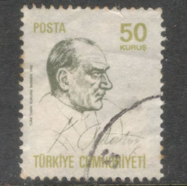 Turkey 1970 50 Kurus Yellowish Olive / Blackish Olive Ataturk Stamp - Perf: 13.0