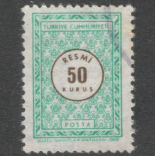 Turkey 1969 50 Kurus Bluish Green / Brown Official Stamp - Perfin: 13.5