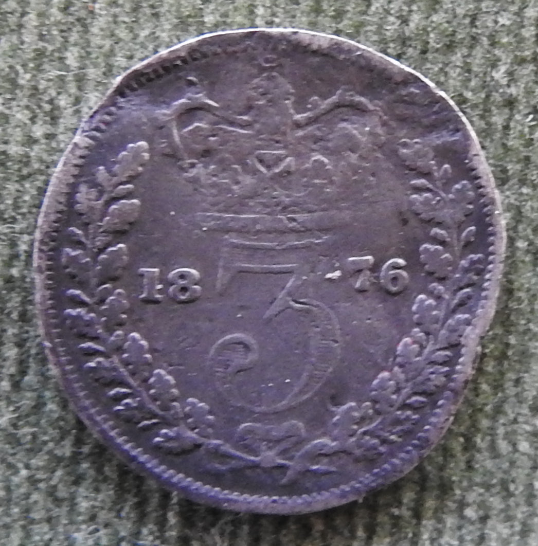 GB British UK English 1876 Three Pence Queen Victoria Coin - Bun Head