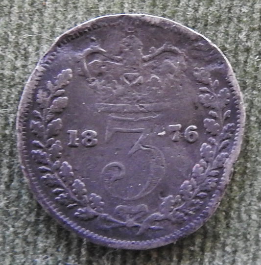 GB British UK English 1876 Three Pence Queen Victoria Coin - Bun Head
