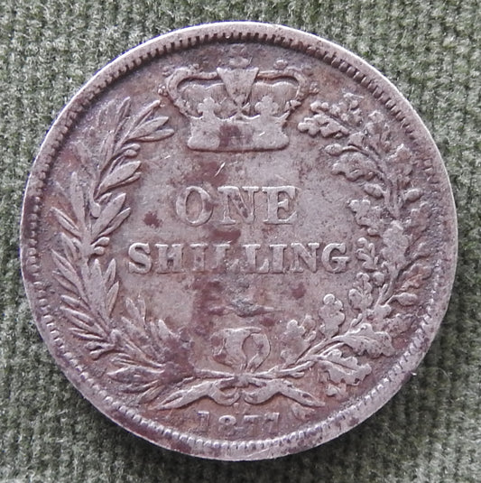 GB British UK English 1877 Shilling Queen Victoria Silver Coin - Bun Head