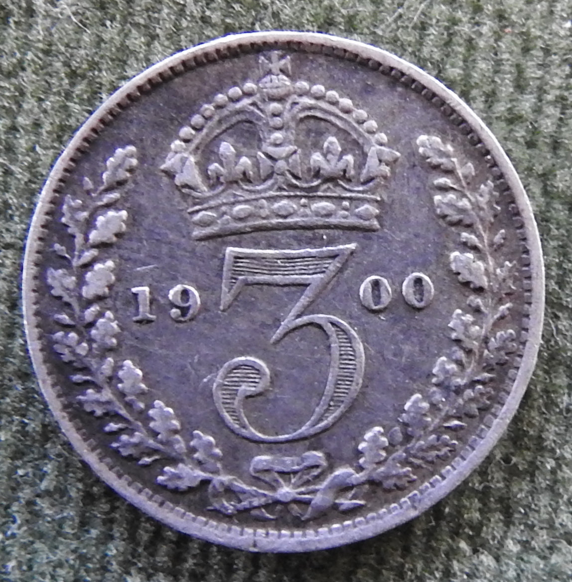 GB British UK English 1900 Three Pence Queen Victoria Coin - Veiled Head