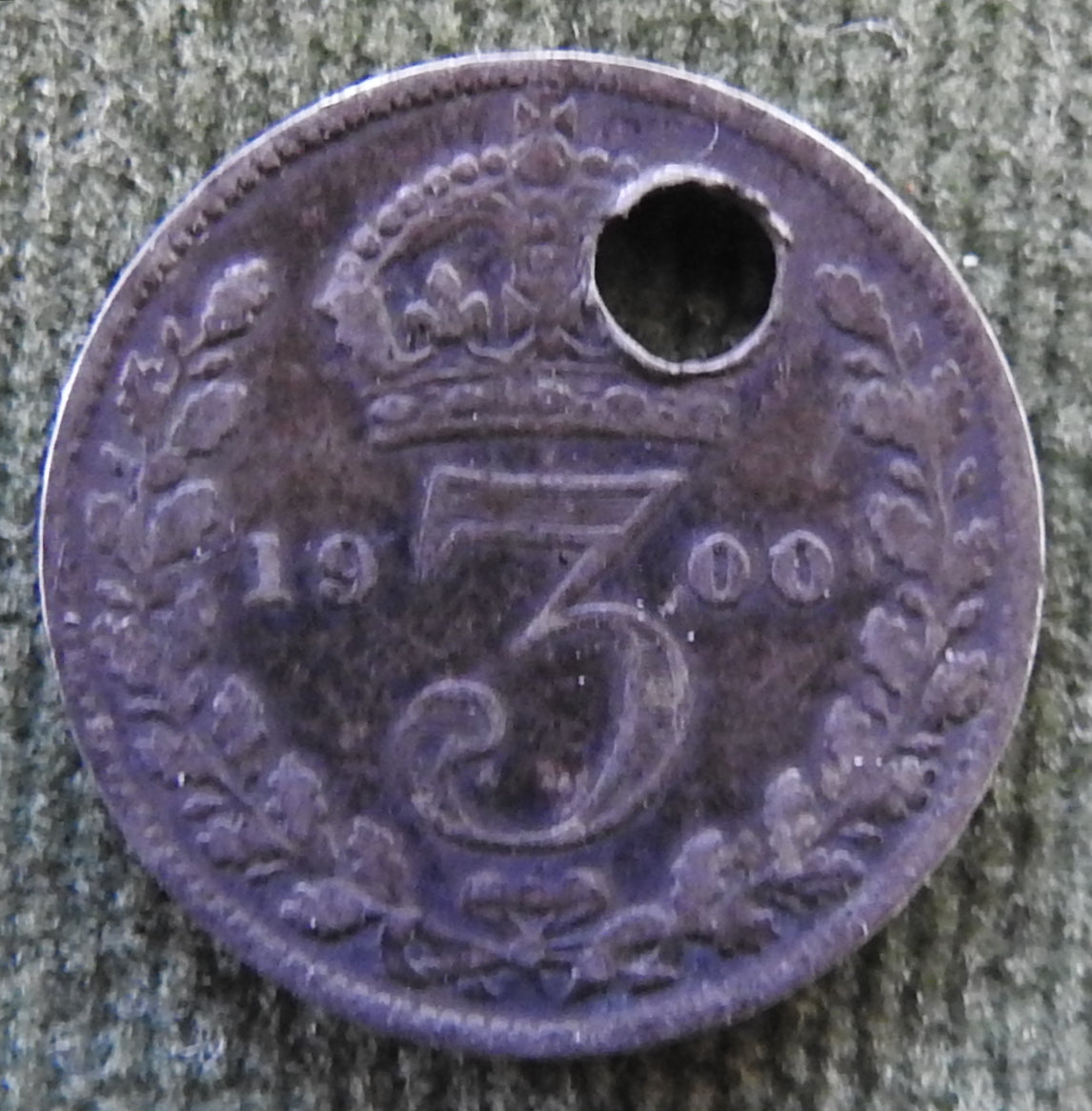 GB British UK English 1900 Three Pence Queen Victoria Coin - Holed