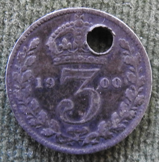 GB British UK English 1900 Three Pence Queen Victoria Coin - Holed