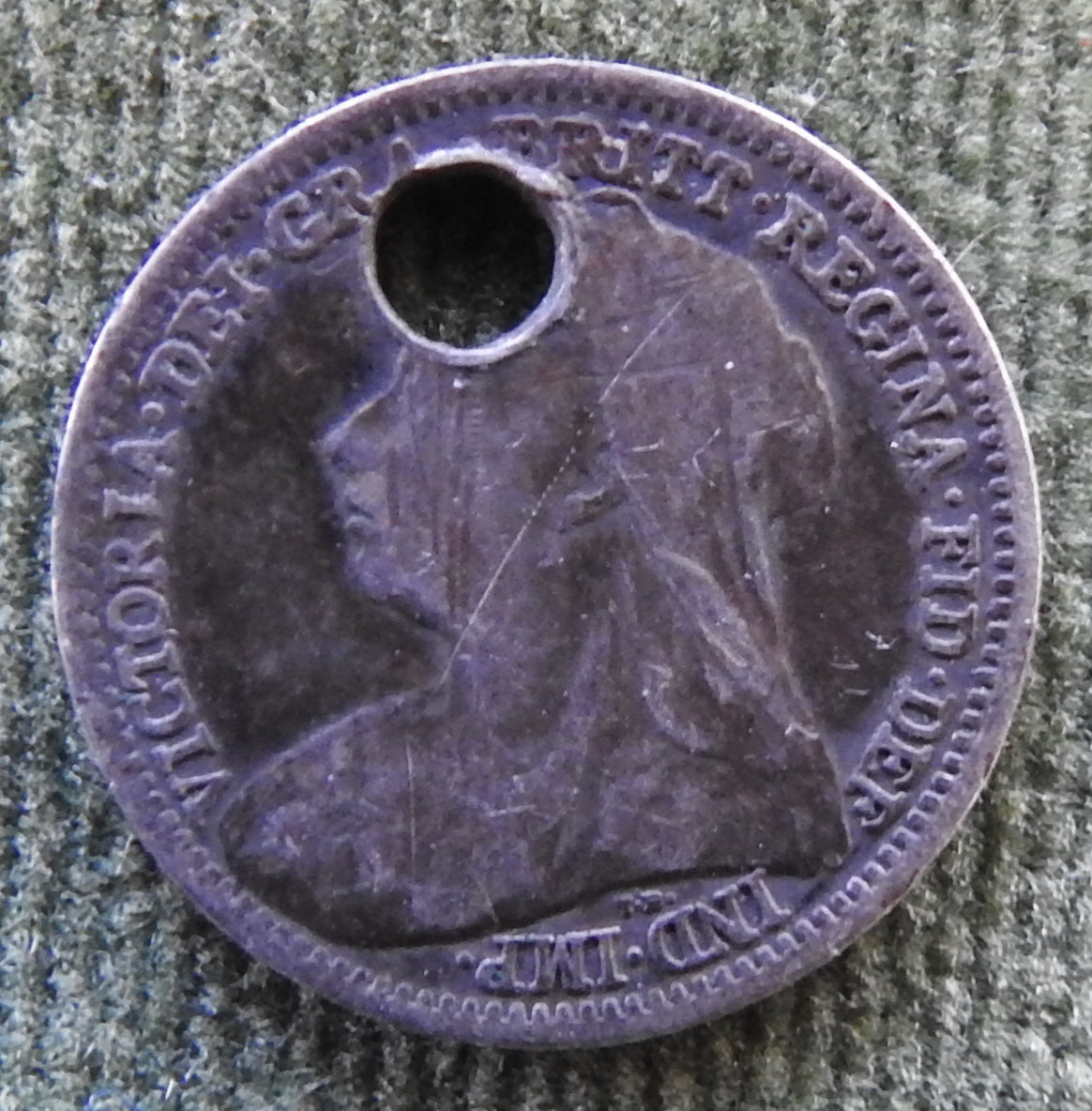 GB British UK English 1900 Three Pence Queen Victoria Coin - Holed