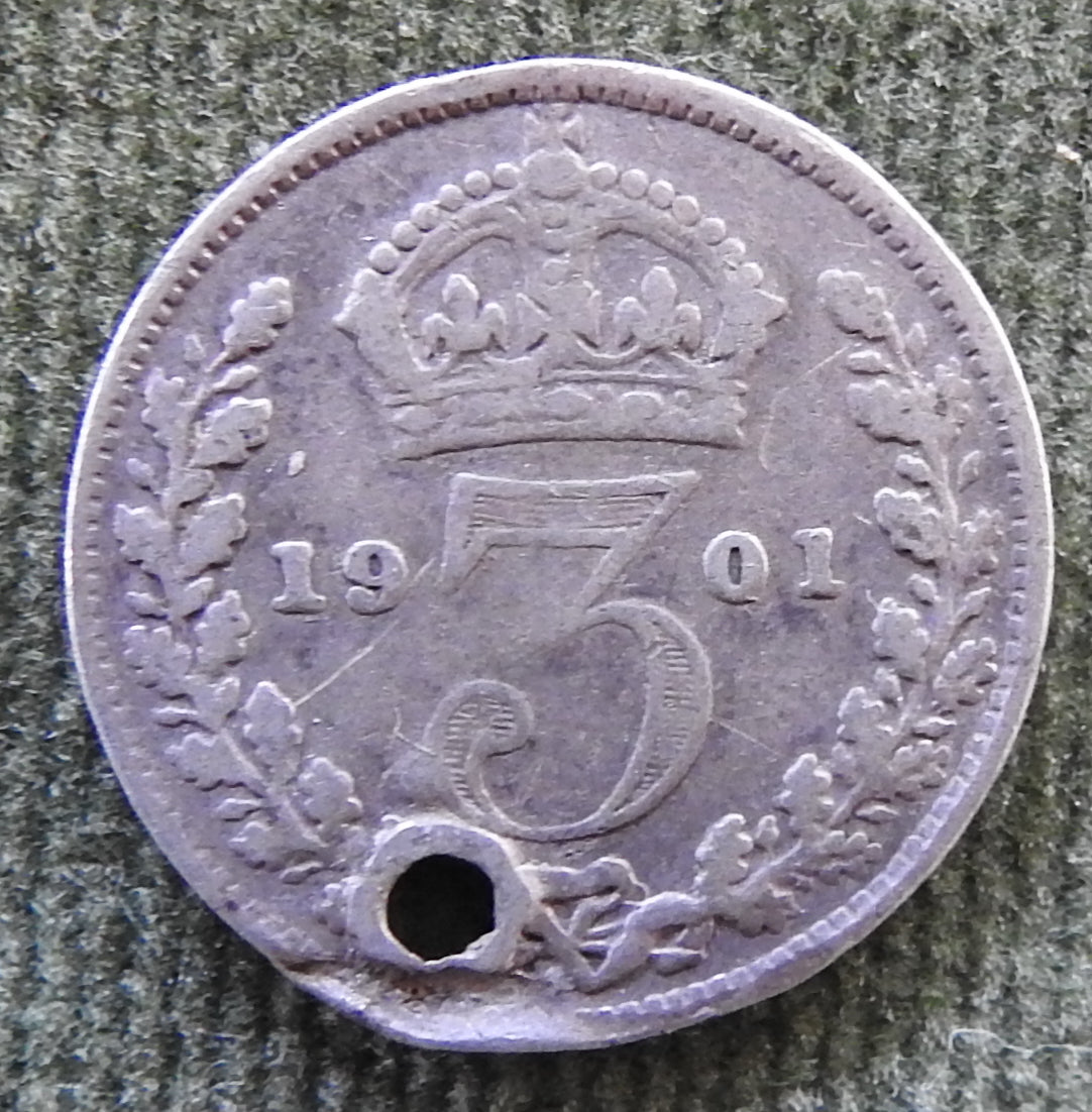 GB British UK English 1901 Three Pence Queen Victoria Coin - Holed