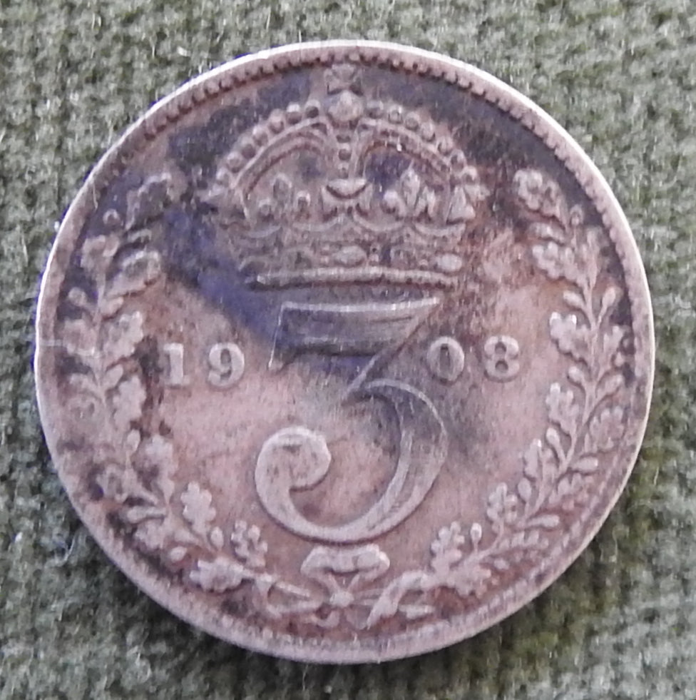 GB British UK English 1908 Three Pence King Edward VII Coin