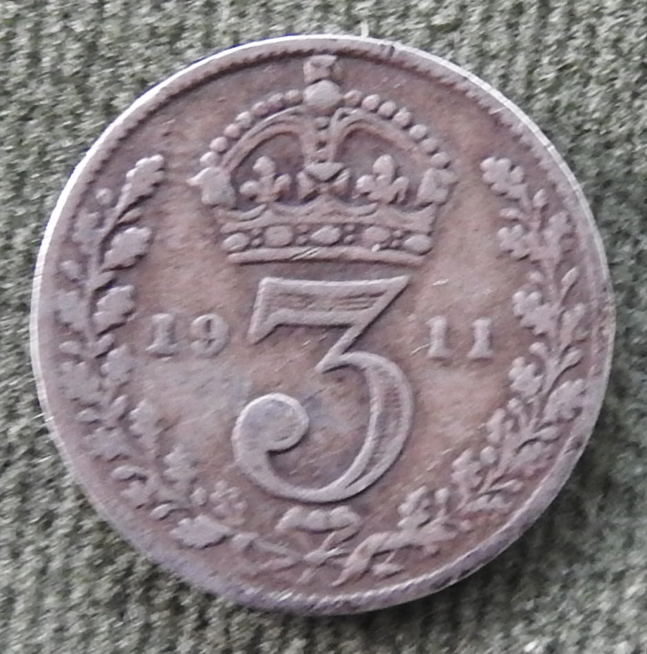 GB British UK English 1911 Three Pence King George V Coin