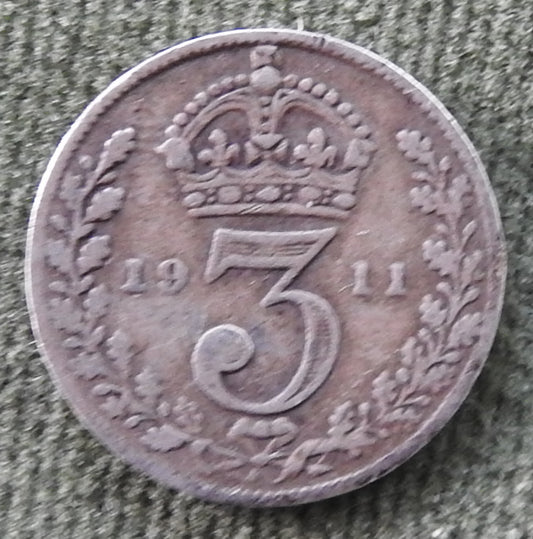 GB British UK English 1911 Three Pence King George V Coin