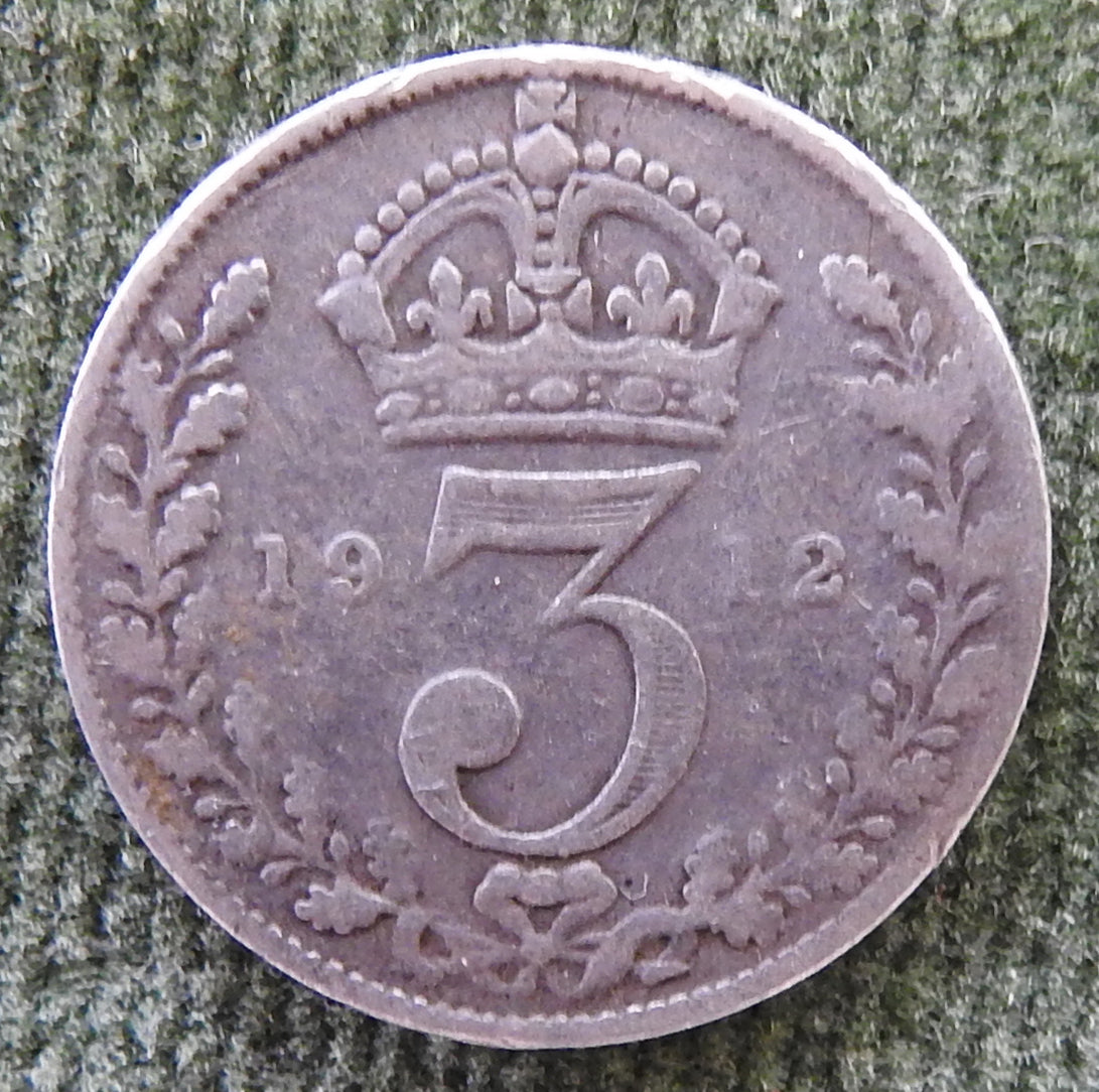 GB British UK English 1912 Three Pence King George V Coin
