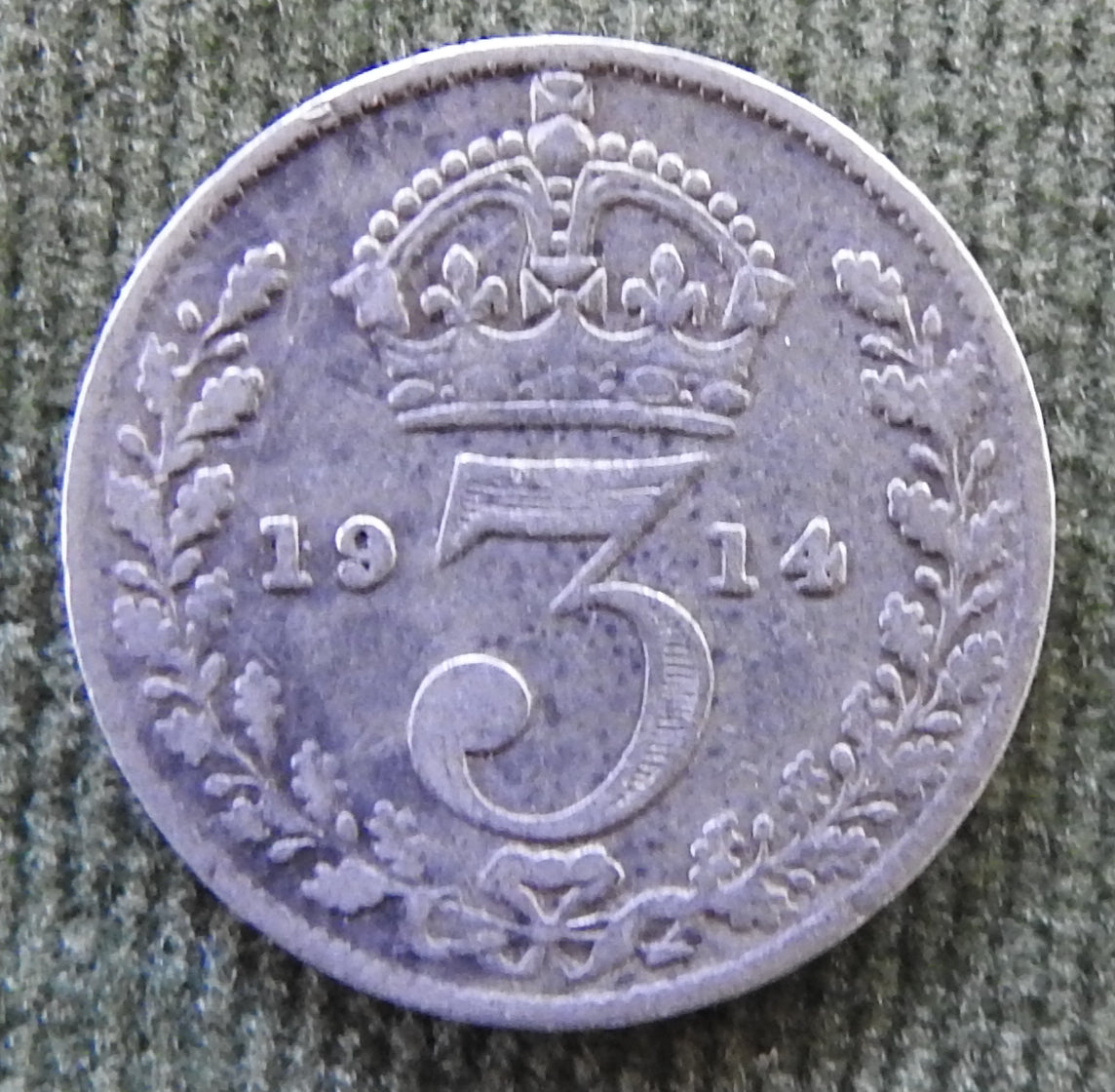 GB British UK English 1914 Three Pence King George V Coin