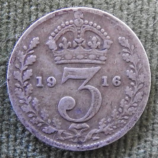 GB British UK English 1916 3p 3 Pence KGV Coin