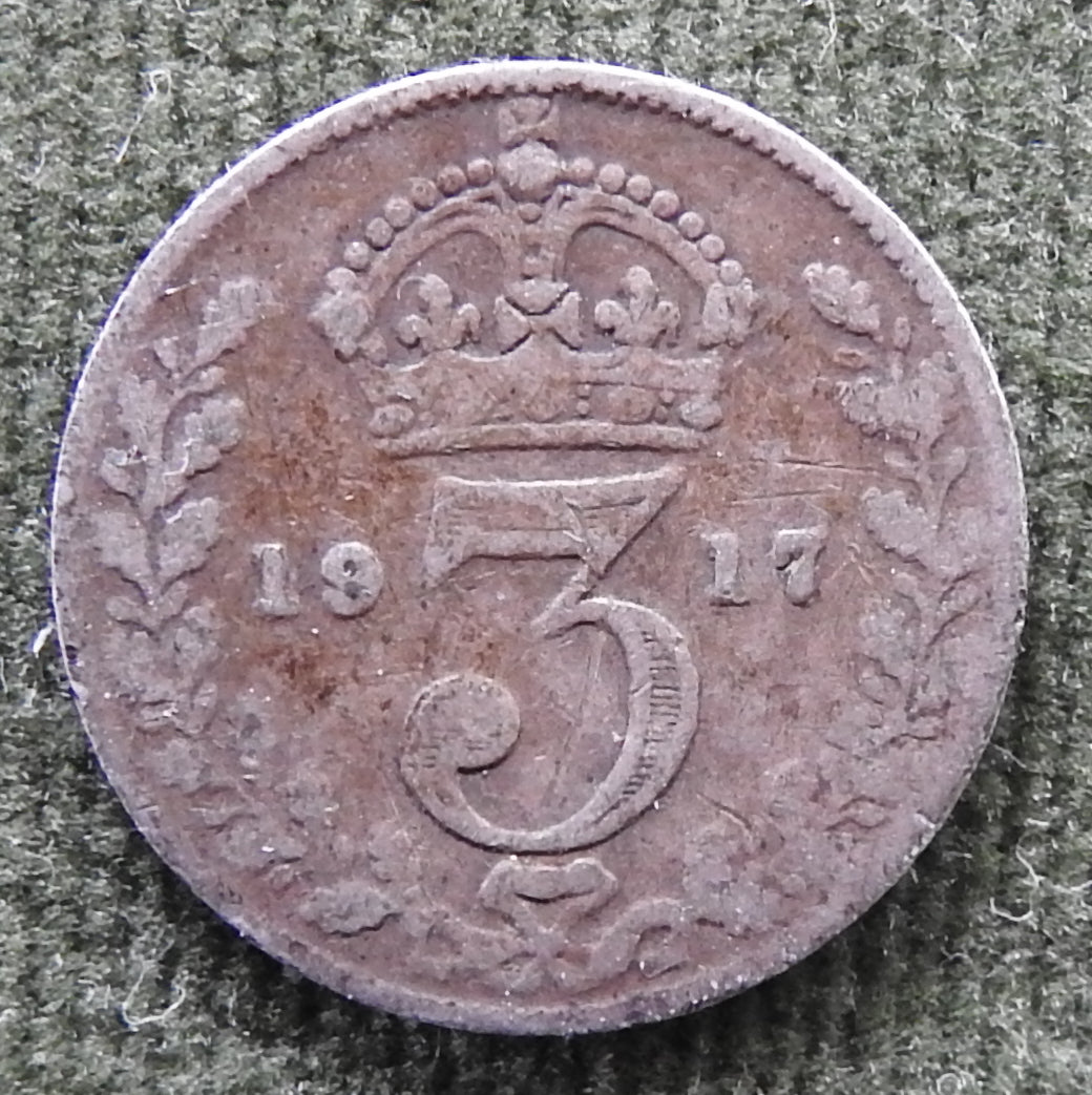 GB British UK English 1917 Three Pence King George V Coin