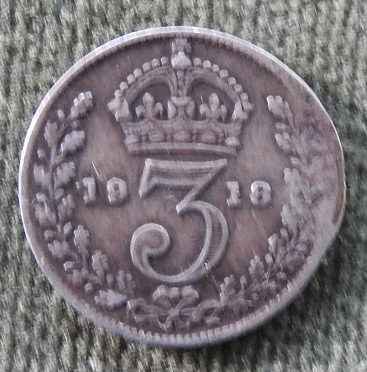 GB British UK English 1918 Three Pence King George V Coin