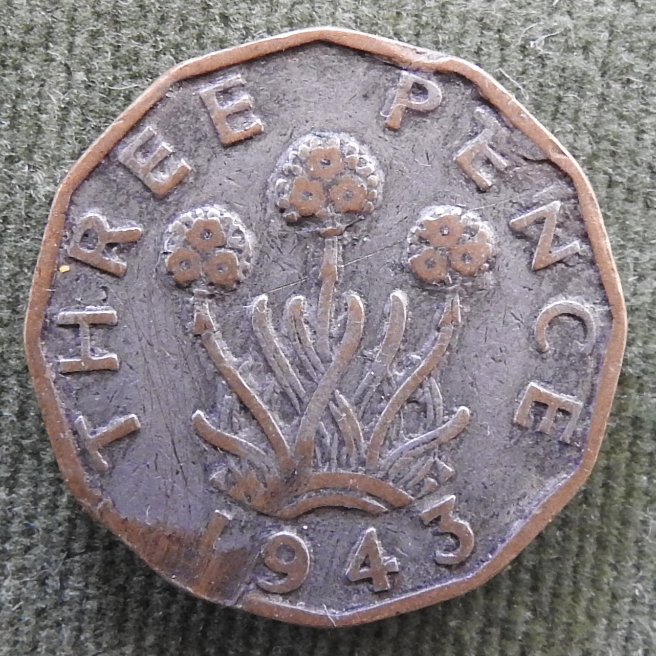 GB British UK English 1943 3p 3 Pence KGVI Coin