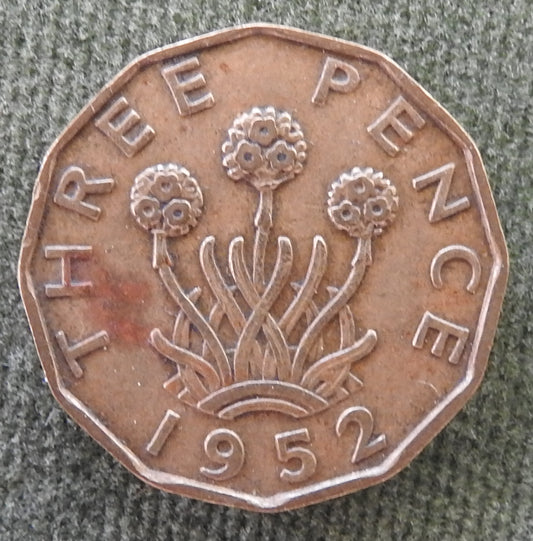 GB British UK English 1952 Three Pence 3p King George VI Coin