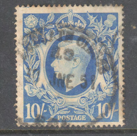 GB UK Great Britain England 1941 - 1948 King George VI 10/- Violet Blue Stamp - Cancelled