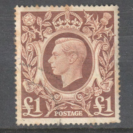 GB UK Great Britain England 1941 - 1948 King George VI 1 Pound Brown Stamp - Cancelled