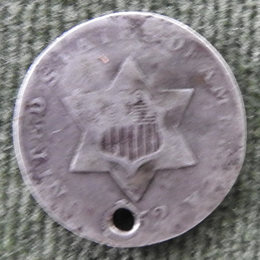 USA American 1852 3 Cent Silver Coin - Shield On Six Sided Star