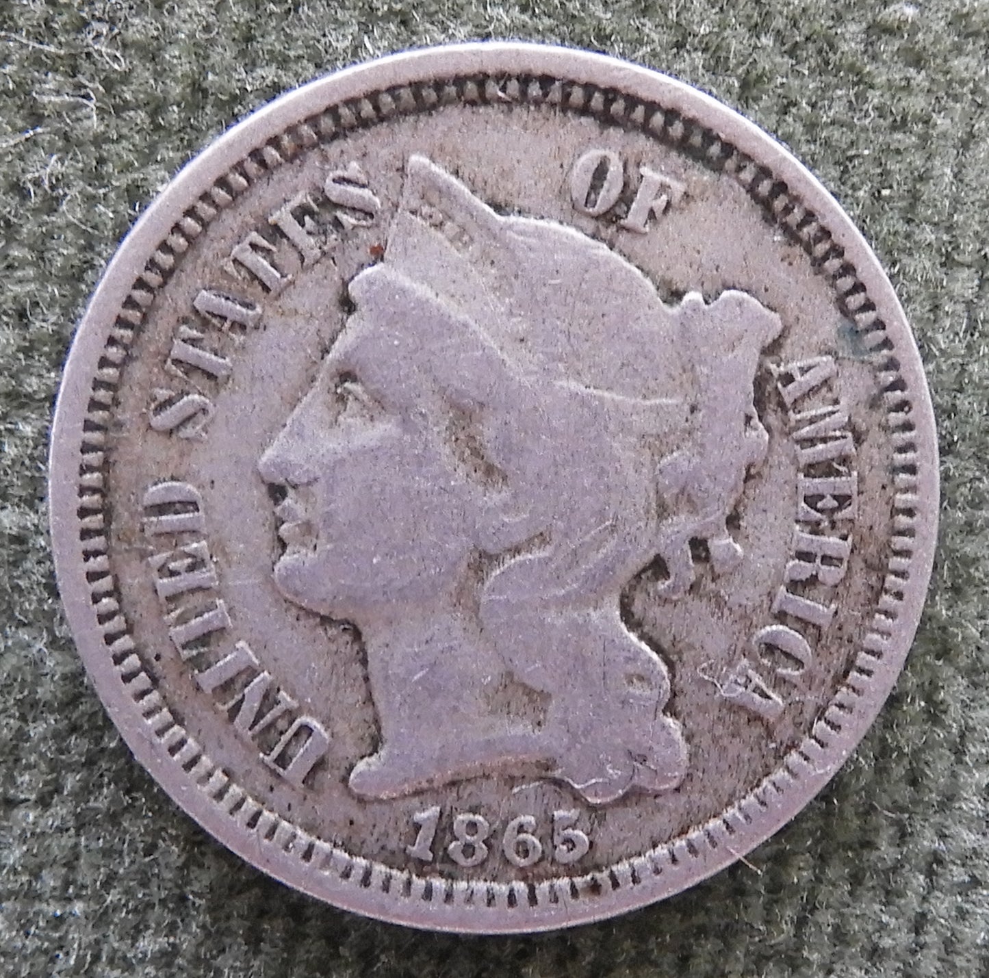 USA American 1865 3 Cent Silver Liberty Head Coin