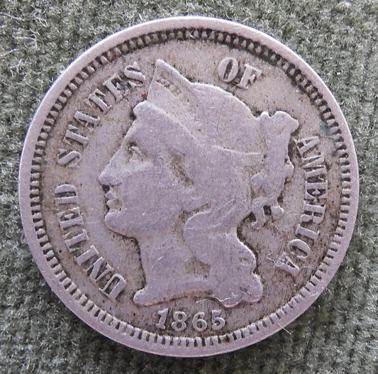 USA American 1865 3 Cent Silver Liberty Head Coin